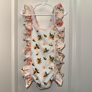 Sweet Honey Girls One Piece Swimsuit Pink Blue Floral Ruffles Bathing Suit Sz 8